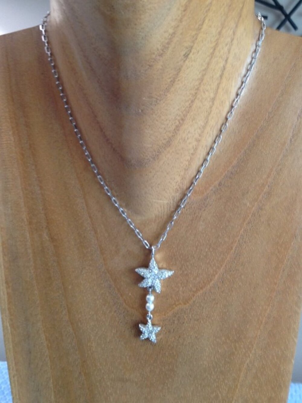 Swarovski Crystal Double Star Pearl Enamel Seashore Starfish Necklace